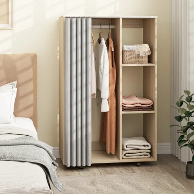 HOMCOM Mobiler Kleiderschrank mit 4 Rollen, Kleiderstange und Regalen 80x40x128cm, Naturholzoptik