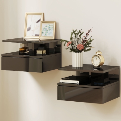 HOMCOM Tables de Chevet Murales Noir Brillant avec Tiroir