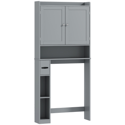 HOMCOM Aufsatzmöbel für WC oder Waschmaschine, 2 Türen, 3 Fächer, Toilettenpapierhalter, 80x19,5x170cm, grau
