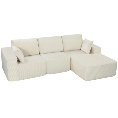 HOMCOM Modulares 2-in-1 Ecksofa, 267 cm, 3-Sitzer-Schlafsofa aus Kordsamt, extra tiefe Sitze und breite Armlehnen, Creme