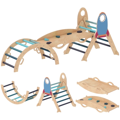 AIYAPLAY 8-in-1 Montessori Kletterdreieck aus Holz, Raketen-Motiv, mit Bogen und Rampe für Kinder 18-48 Monate Blau