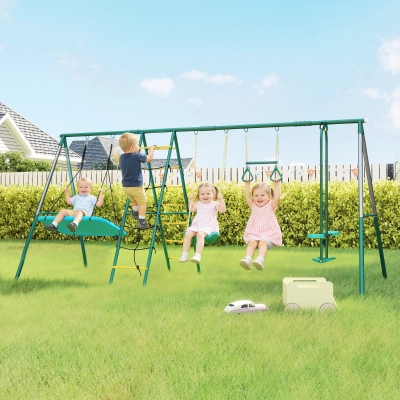 AIYAPLAY Cadru 5-în-1 pentru leagăn cu leagăn-tip-cuib reglabil, inele de gimnastică, scaun dublu, cadru de cățărare pentru 3-8 ani 440x175x203 cm