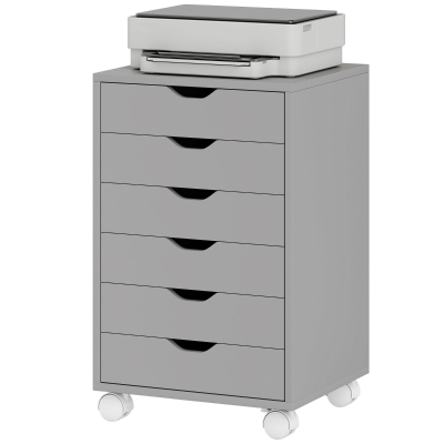 HOMCOM Caisson Mobile 6 Tiroirs Roulettes Bureau Maison Gris