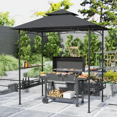 Outsunny Grillpavillon Gartenüberdachung Deckenhaken Ablagen Körbe 240 x 150 x 257 cm dunkelgrau