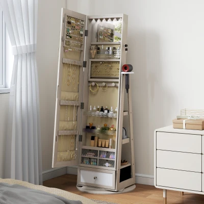 HOMCOM Schmuckschrank mit LED-Licht, Ganzkörperspiegel, 360° drehbar, Schublade, Schloss, Natur