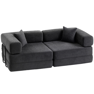 HOMCOM Klappbares 2‑Sitzer‑Schlafsofa mit Chenille‑Bezug, dick gepolstert, breite Armlehnen, 2 Kissen, Dunkelgrau