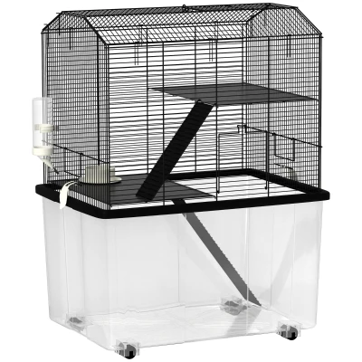 PawHut Cușcă pentru hamster cușcă rozătoare 3 etaje cu roți platformă și scară din sârmă de oțel 57 x 43 x 74 cm negru