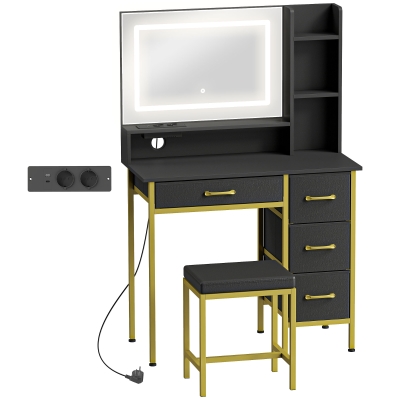 HOMCOM Schminktisch mit Spiegel LED-Licht Ladestation Hocker Ladestation 4 Schubladen Schwarz