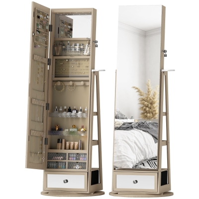 HOMCOM Schmuckschrank mit LED-Licht, Ganzkörperspiegel, 360° drehbar, Schublade, Schloss, Natur