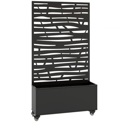 Outsunny Jardinieră cu spalier, cuvă din metal pentru flori cu panou pentru intimitate și roți, spalier decupat în lamele, 90x30x160cm, negru