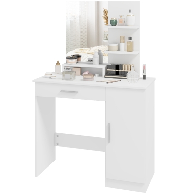 HOMCOM Coiffeuse Blanche avec Miroir, Tiroir et Étagères 90cm