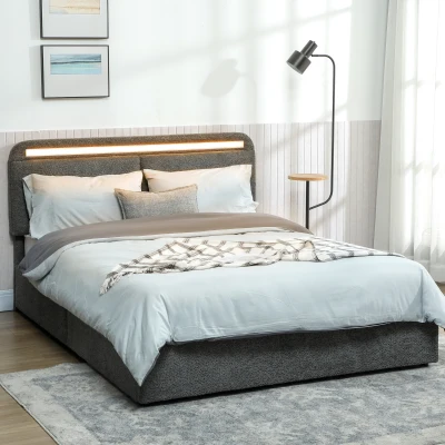 HOMCOM Bett mit Stauraum 140 x 190 cm mit LED-Beleuchtung, verstellbarem Kopfteil, Doppelbettgestell, Lattenrost aus Holz, grau