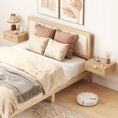 HOMCOM Set de 2 Noptiere Suspendate cu Sertar din Ratan Economisește Spațiu Design Modern 40x30x15 cm Natural