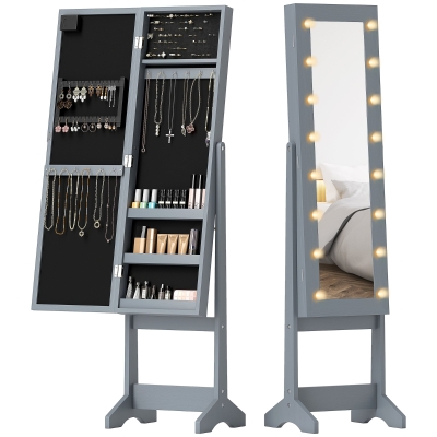 HOMCOM Armoire à Bijoux sur Pied avec LED Miroir Intégral Gris