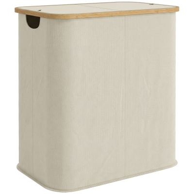 HOMCOM Doppelt faltbarer Wäschekorb 80 l, Wäschetonne mit Deckel, gerillte Griffe, beige