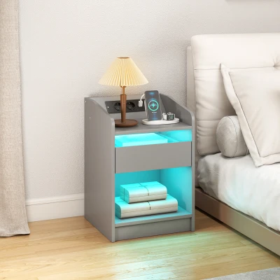 HOMCOM Nachttisch mit Ladestation LED-RGB Licht Schublade Offenes Fach USB-Anschlüsse und Fernbedienung 40x40x58 cm Grau