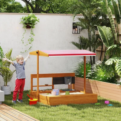 Outsunny Sandkasten aus Holz für Kinder mit verstellbarem Dach und Spielküchen-Zubehör Spiel für Kinder 3-7 Jahre 114x110x110 cm Braun