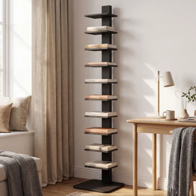 HOMCOM Modernes, hohes Bücherregal mit 11 Ablagen, platzsparend im Industrie-Stil, 34.5x41.5x163.5 cm, Schwarz