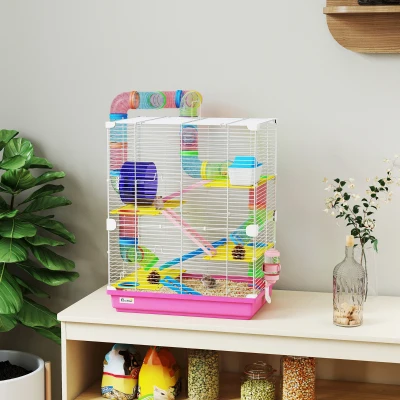 PawHut Hamsterkäfig mit Tunnel Plattformen Futterschale Trinkflasche Häuschen Rampen und Laufrad 46x30x58 cm Rosa
