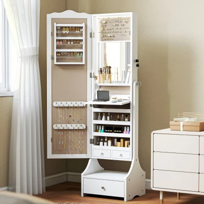 HOMCOM Schmuckspiegel mit LED-Leuchten Schmuckschrank mit Ganzkörperspiegel und verstellbarem Winkel Schubladen Klappbare Innenablage Weiß