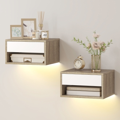 HOMCOM Lot 2 Tables de Chevet LED RGB Tiroir Étagère Blanc