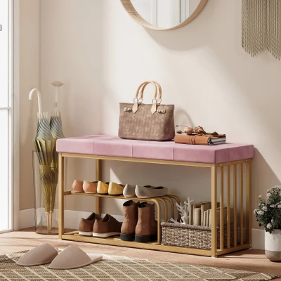HOMCOM Tufted Shoe Storage Bench Velvet Seat Gold Frame Pink