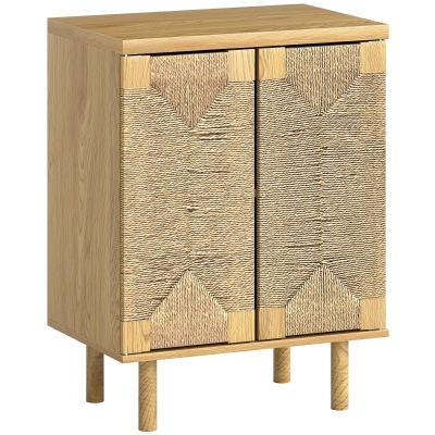 HOMCOM Bufet boem cu 2 uși cu sfoară împletită manual, raft reglabil, deschidere prin apăsare, stejar, 60x40x78 cm