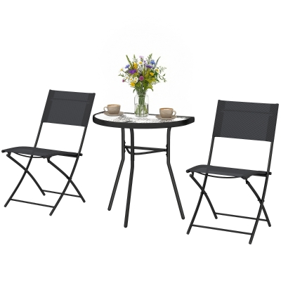Outsunny Ensemble Bistro 3 Pièces Table Verre Chaises Pliantes Noir