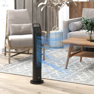 HOMCOM Wentylator wieżowy, elektryczny wentylator z pilotem, oscylacja 75°, 3 prędkości, 3 tryby, 7,5-godzinny timer, cichy, bezłopatkowy wentylator do sypialni i biura, czarny