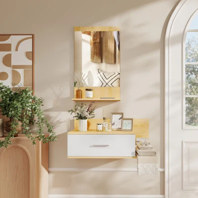 HOMCOM Conjunto de Recibidor de Entrada de Pared con Espejo y Almacenaje Espejo con Cajón y 2 Estantes Abiertos Madera Natural