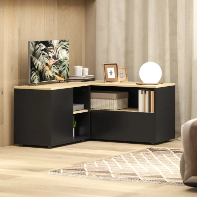 HOMCOM Eck-TV-Möbel Fernsehbank bis 101,6 cm mit 2 Schränken und 3 Nischen 90 x 90 x 45 cm Eiche und Schwarz