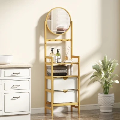 HOMCOM Bambus-Badregal mit Spiegel mit 4 Haken, 2 offenen Regalböden und 2 Stoffschubladen 48,5x30x170 cm Natur