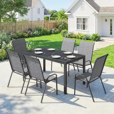 Outsunny Conjunto de Mesa e Cadeiras Jardim de 7 Peças com Mesa Metálica Efeito Madeira e 6 Cadeiras Empilháveis Cinza Misto
