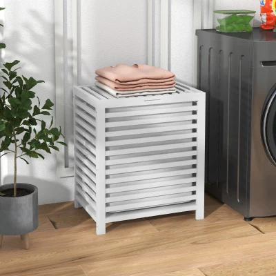 HOMCOM Coș pentru Rufe din Bambus Capacitate de 55L Coș pentru Rufe Murdare cu 2 Mânere și Sac Detașabil 50x36x60 cm Blanco