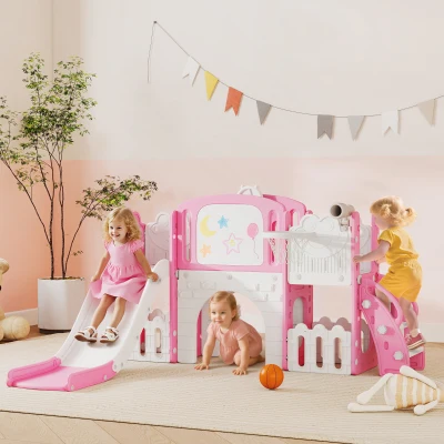 AIYAPLAY Escorrega Infantil 7 em 1 para Crianças Tema de Sapo com Aro de Basquetebol Túnel Quadro Telescópio de Brincar Trepador 176x150x94 cm Rosa