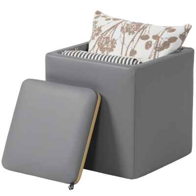HOMCOM Pouf Rangement Cube Similicuir 40x40x40 cm Gris