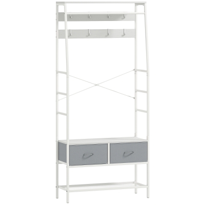 HOMCOM Cuier pentru pantofi cu spațiu pentru pantofi, cârlige, sertare, bară și raft pentru intrare, hol, living 80x30x180,5 cm Alb