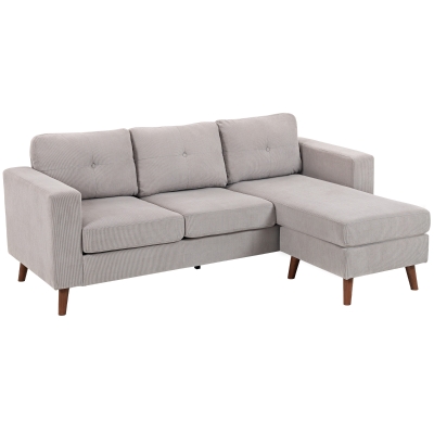 HOMCOM Wendbares Ecksofa aus Kordvelours, 3‑Sitzer mit Ottomane, Stahlrahmen, 192x137x84cm, hellgrau