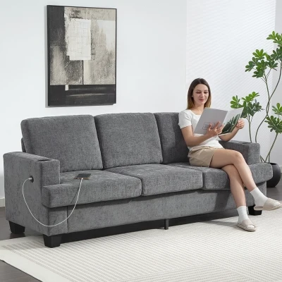 HOMCOM 3-Seater Sofa with USB Ports & Cup Holders Grey