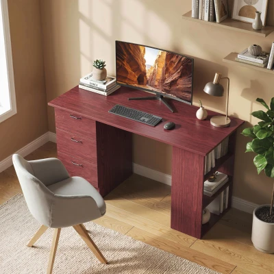 HOMCOM Computer Desk with Shelves & Drawers Walnut Brown