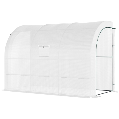 Outsunny Serre de Jardin adossée avec Étagères 3 Niveaux, Petite Serre de Balcon en Bâche PE 140 g/㎡ 300 x 150 x 213 cm, blanc