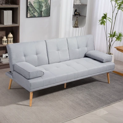 HOMCOM Schlafsofa, 3-Sitzer Sofa, Schlafcouch mit Klappbarem Tisch, Becherhalter, Bettsofa mit Leinenoptik, Couch Gästebet für Wohnzimmer, Hellgrau