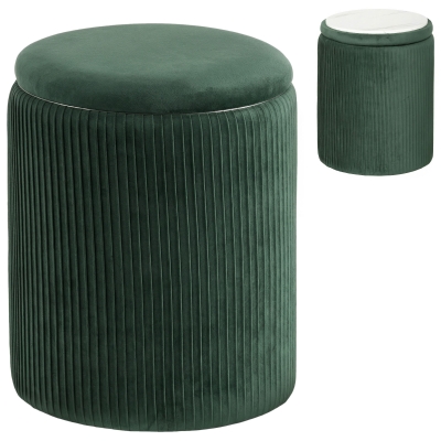 HOMCOM Velvet Storage Ottoman Round Stool 45cm Dark Green