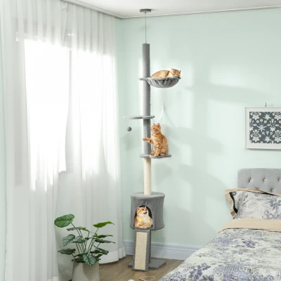 PawHut Boden‑bis‑zur‑Decke Kratzbaum höhenverstellbar 220-240cm mit Hängematte blumenförmigen Plattformen Höhle Rampe Ball Hellgrau
