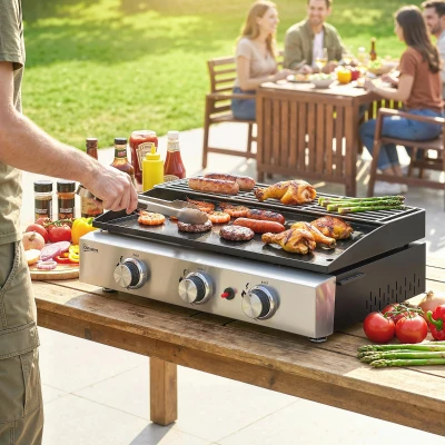 Outsunny Barbecue a Gás com 3 Queimadores 7,5 kW Barbecue Portátil com Placa Grelha de Aquecimento e Recipiente de Gordura Preto
