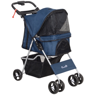PawHut Cărucior pentru Câini cu Copertină Reglabilă, Coș Depozitare și Roți cu Frână Material Oxford 77x45x99,5 cm Albastru Închis