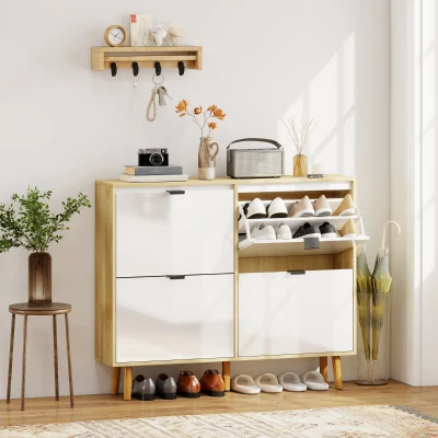 HOMCOM Sapateira Estreita com 4 Portas em Branco Brilho Prateleiras Ajustáveis Pernas de Madeira para 20 Pares de Sapatos 105x24x92,5 cm