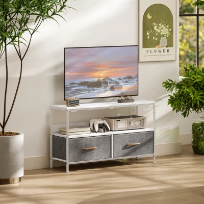 HOMCOM TV-Möbel mit Regal und 2 faltbaren Stoffschubladen für Fernseher bis zu 119,4 cm Länge 98 cm Weiß und Grau