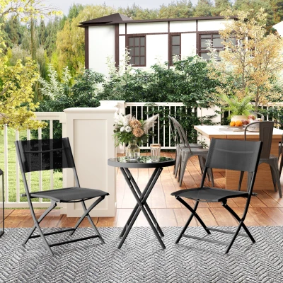 Outsunny 3-Piece Bistro Set Glass Table & Folding Chairs Black