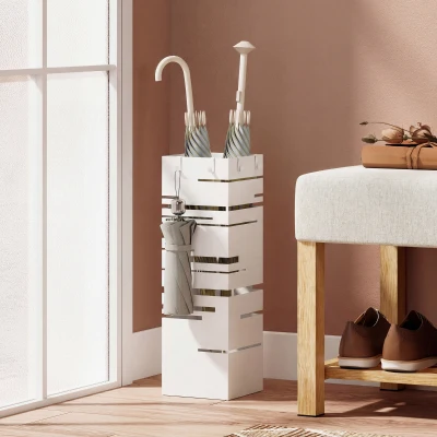 HOMCOM Suporte para Guarda Chuva Metálico com 4 Ganchos e Bandeja de Recolha de Gotas Removível 15,5x15,5x49 cm Branco